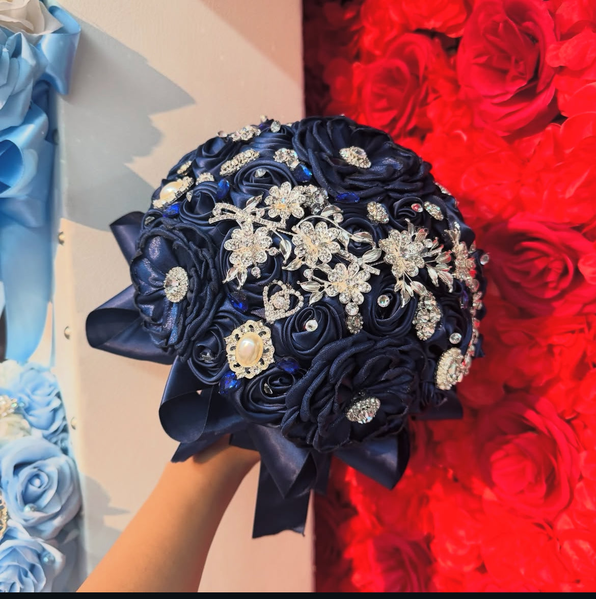 Navy Blue with silver bouquet