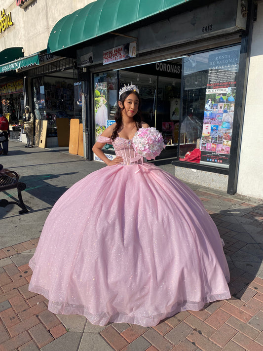 Pink sparkly dress with bouquet