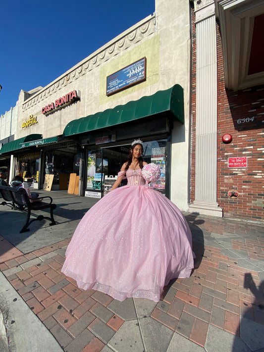 Pink sparkly dress with bouquet