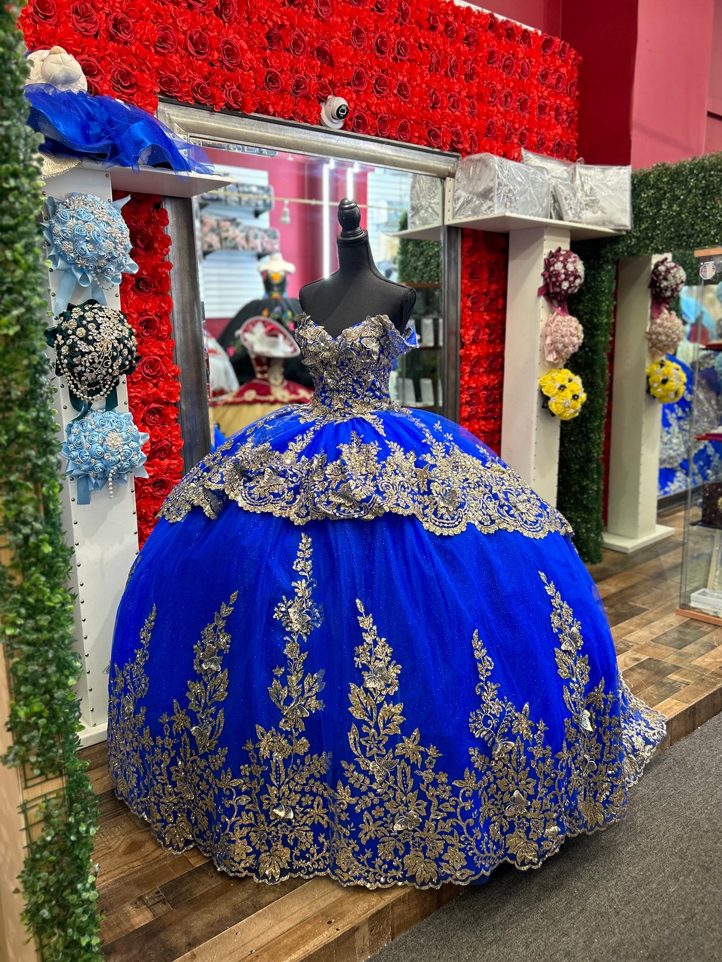 Royal blue dresse with gold butterfly’s