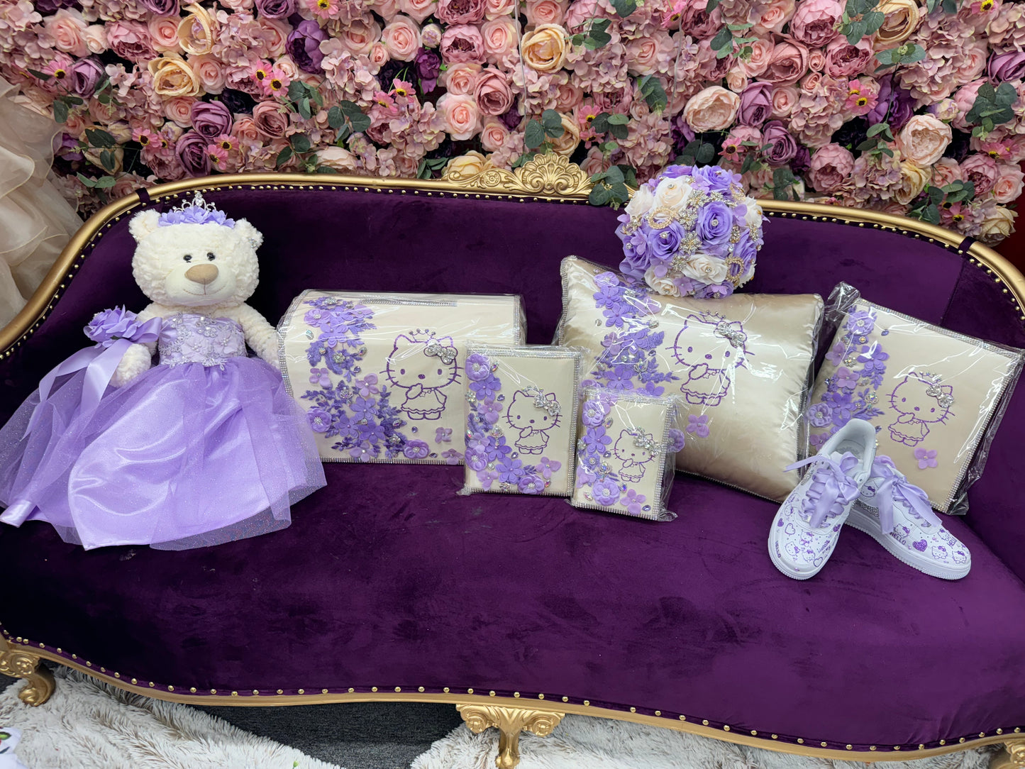 Teddy bear money box big pillow signing book Bible shoes, bouquet